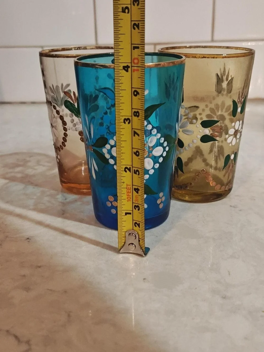 3 pc Vintage Victorian Art Glass Painted Tumblers
